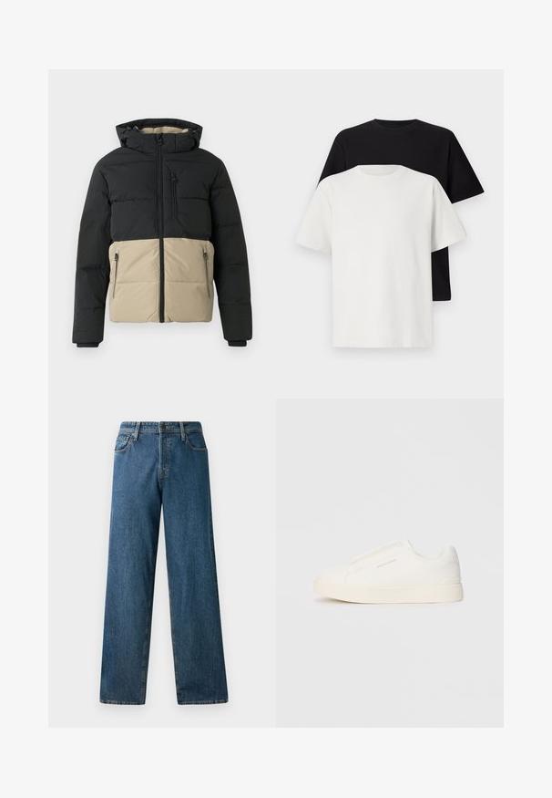 Jachetă puffer cu partea superioară neagră și secțiunea inferioară bej. Are un fermoar frontal, buzunare laterale cu fermoar și glugă. Material texturat.; Set de tricouri din bumbac, care include un top negru și unul alb, ambele cu mâneci scurte, guler rotund și croială standard. Material texturat.; Jeans din denim drept, de culoare albastră, cu cinci buzunare și închidere cu buton, pe un fundal alb.; Tenisi albi slip-on cu o suprafață texturată, talpă groasă și un design minimalist. Prezintă logo-ul brandului pe lateral.