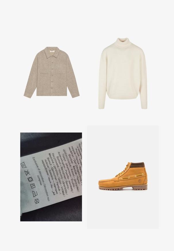 Veste chemise en tissu texturé marron clair avec un col, fermeture à boutons à l'avant et deux poches poitrine. Design simple et décontracté.; Un pull à col roulé de couleur crème fabriqué en tissu tricoté doux et texturé ; il présente une coupe décontractée et des poignets côtelés. Aucun motif ni embellissement.; Étiquette avec texte multilingue, symboles d'entretien et icônes de recyclage, imprimée sur un matériau doux semblable à du tissu dans une couleur claire.; Timberland AUTHENTIC 7 EYE - Bottines à lacets - wheat