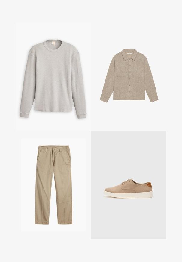 Light brown, textured shirt jacket with a collared neck, front button closure, and two chest pockets. Simple, casual design.; Grey long-sleeve knit sweater with a ribbed texture, round neckline, and straight hem. Cuffs are fitted, made of soft fabric.; Beige straight-leg chinos with belt loops, front button and zipper closure, and slant front pockets.; Beige suede sneakers with a rounded toe, lace-up front, and a textured back accent. White rubber sole provides contrast. Simple and modern design.