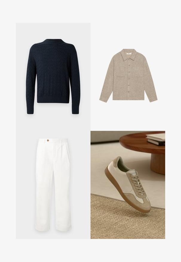 Ανοιχτό καφέ, υφασμάτινο σακάκι με κολάρο, εμπρόσθια κουμπωτή κλεισίμα και δύο θηκάκια στο στήθος. Απλός, χαλαρός σχεδιασμός.; Σκούρο ναυτικό μπλε πλεκτό πουλόβερ με υφασμάτινο σχέδιο κυμάτων, ραμμένο γιακά και μανίκια. Εφαρμοστή σχεδίαση με μακριά μανίκια και κλασική γραμμή.; Λευκά βαμβακερά παντελόνια με ίσια γραμμή, διαθέτοντας δύο πιέτες μπροστά, κλείσιμο με ένα κουμπί και πλαϊνές τσέπες. Λείος υφασμάτινος χαρακτήρας.; Ελαφρύ αθλητικό παπούτσι με λευκό δερμάτινο επάνω μέρος και μπεζ σουέτ λεπτομέρειες, στρογγυλή μύτη και υφή καφέ καουτσούκ σόλα.