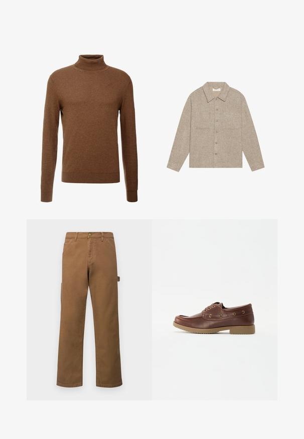 Gaišbrūns, strukturēts krekla mēteli ar apkakles kaklu, priekšējo pogu aizdari un divām krūšu kabatām. Vienkāršs, ikdienišķs dizains.; Brūns turtlenecks džemperis, izgatavots no mīkstas auduma, ar garām piedurknēm, ribotiem aproču galiem un pieguļošu dizainu bez redzamām rakstām.; Brūni kokvilnas kravas bikses ar taisnām kājām, ar sānu kabatām un metāla pogu aizdari jostasvietā. Gluda tekstūra un ikdienišķs dizains.; Brūna ādas laivu kurpe ar noapaļotu purngalu, teksturētu zoli, zeltītām acīm un šuvuma detaļām augšdaļā, radot klasisku dizainu.
