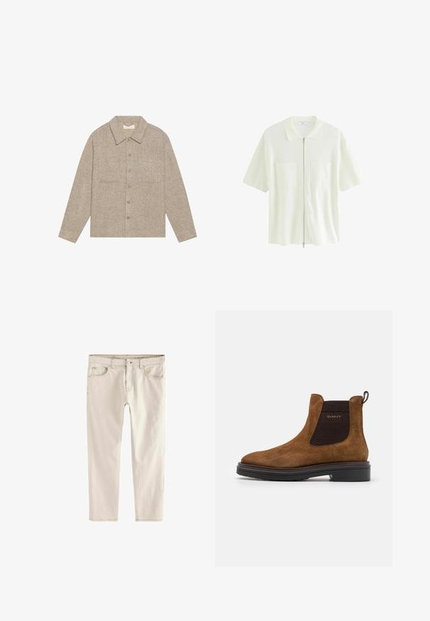 Lichtbruine, gestructureerde overhemdjacket met een kraag, sluiting met knopen aan de voorkant en twee borstzakken. Eenvoudig, casual ontwerp.; Korte mouw, witte ritshemd gemaakt van textuurstof, met een kraag en twee voorzakken met vierkante flappen.; Lichte beige slim-fit jeans met een rechte pijp, vijf zakken, knoop- en ritssluiting, en verstevigde stiksels langs de naden.; Bruine suède enkelboot met een ronde neus en elastische zijkanten. Bevat een zwart gestructureerd accent en een trekband aan de achterkant. Zwarte zool.