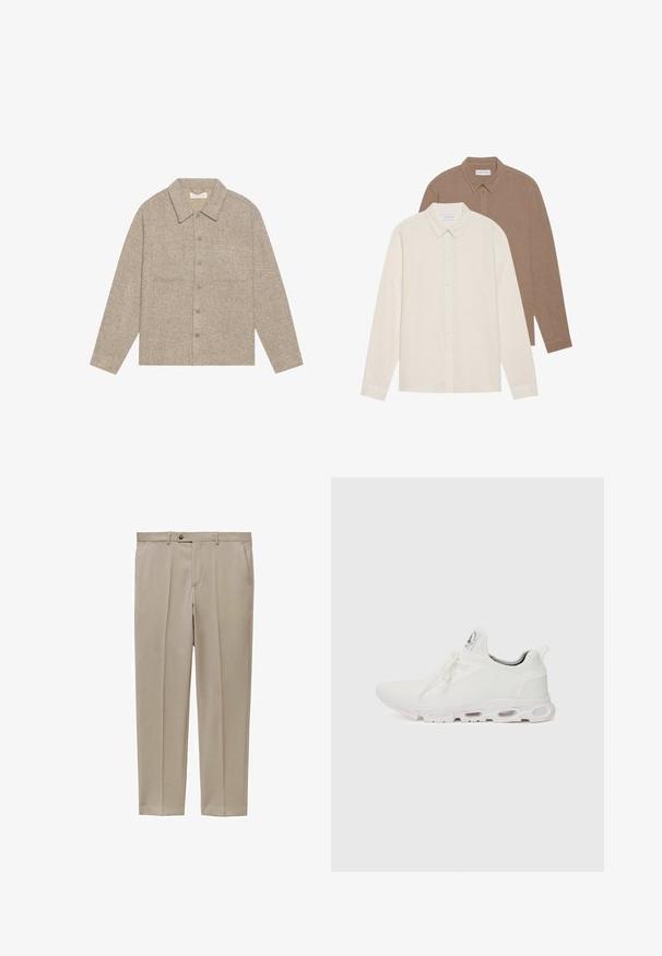 Vaaleanruskea, teksturoitu paitatakki, jossa on kauluksellinen kaula, etupainonappi ja kaksi rintataskua. Yksinkertainen, rento muotoilu.; Kaksi pitkähihasta paitaa: yksi kerma ja toinen ruskea, molemmat napillista kaulusta, kangas rakenne näkyvissä, yksinkertainen muotoilu ja etiketit näkyvissä.; Beige housut, jotka on valmistettu kevyestä kankaasta, suoran lahkeen leikkauksella, etujoustoilla ja yhdessä napilla suljettavalla vyötäröllä.; Valkoiset urheilukengät, joissa on teksturoitu neulepinta, litteät nauhat ja pehmustettu pohja, jossa on näkyvät ilmakammiot lisätuen tarjoamiseksi.