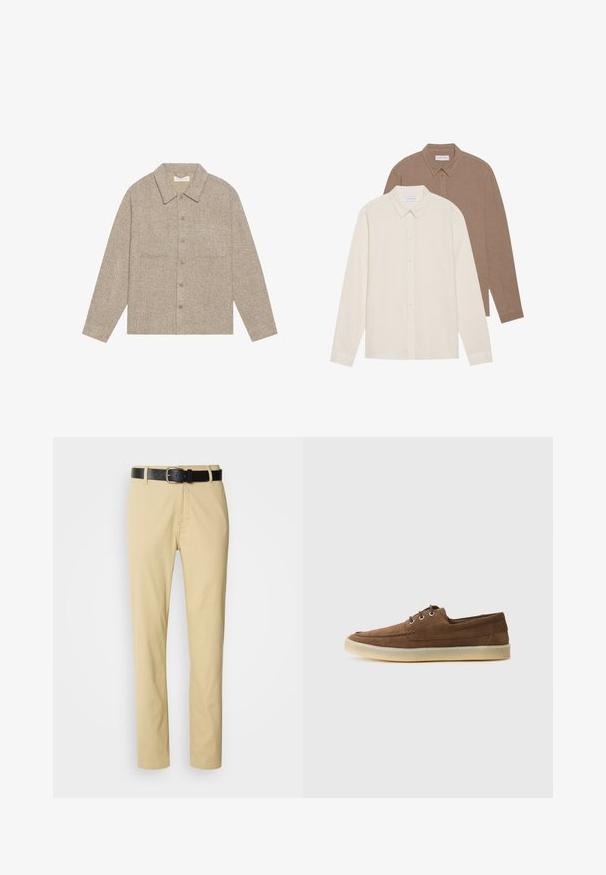 Lys brun, teksturert skjortejakke med krage, knappelukking foran og to brystlommer. Enkel, uformell design.; To langermede skjorter: en kremfarget og en brun, begge med knappelukking på kragen, synlig tekstur på stoffet, enkel design, og med etiketter synlige.; Beige bomullsbukser med rett bendesign, festet med et svart lærbelte med en sølvspenne.; Brune semskede sko med lav profil, snøredesign, gummisåle og kontrasterende sømdetaljer. Enkelt og funksjonelt design.