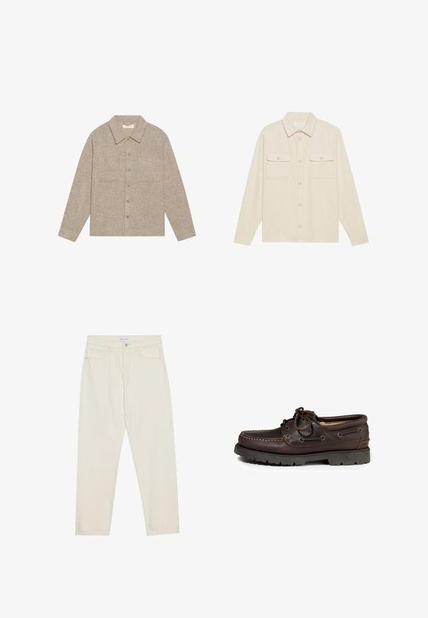 Světle hnědá, texturovaná košile-jacket s límečkem, předním zapínáním na knoflíky a dvěma náprsními kapsami. Jednoduchý, neformální design.; Beige sametová košile s dlouhými rukávy, špičatým límcem a dvěma náprsními kapsami. Má zapínání na knoflíky a texturovanou tkaninu.; Béžové džínové kalhoty s rovnými nohavicemi, obsahující pět kapes, zapínání na knoflík a jemné detaily šití. Hladká textura.; Hnědé kožené lodní boty s zaoblenou špičkou, prošitím a kovovými oky na tkaničky. Gumová podešev s vzorem pro zvýšení trakce.