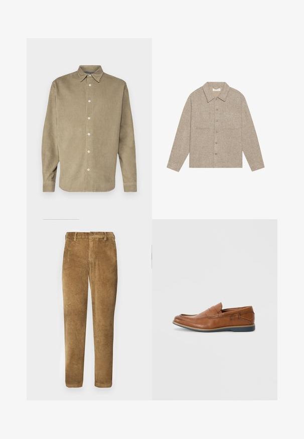 Lys brun, teksturert skjortejakke med krage, knappelukking foran og to brystlommer. Enkel, uformell design.; Jack & Jones JJCORDUROY - Skjorte - crockery; Brune kordfløyelsbukser med vertikal ribbestruktur, rett passform, knappelukking og beltehemper. Glatt stoff med en myk finish.; Brune skinnloafers med rund tå, broderte detaljer og såle i gummi. Designet har et bånd over vristen.