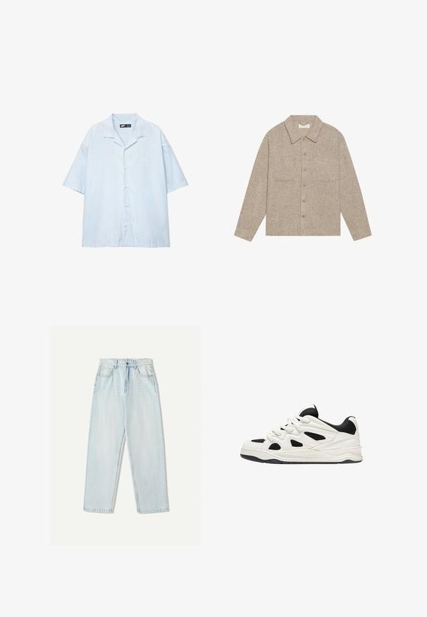 Jachetă cămașă de culoare maro deschis, texturată, cu guler, închidere cu nasturi în față și două buzunare la piept. Design simplu, casual.; Cămașă cu mânecă scurtă, de culoare bleu deschis, cu dungi verticale albe, având guler cu tăietură și broderie logo pe piept.; Blugi din denim de culoare albastru deschis, cu o croială relaxată, design cu picior drept, stilizare cu cinci buzunare și decolorare subtilă pe material.; Adidași albi și negri cu o talpă texturată, având desene decupate pe laterale și șireturi, și un călcâi căptușit pentru susținere.