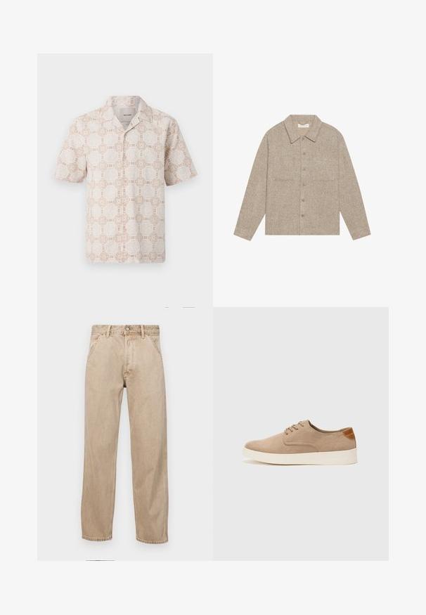 Giacca camicia di un marrone chiaro, con texture, colletto, chiusura frontale con bottoni e due tasche sul petto. Design semplice e informale.; Camicia a maniche corte di un beige chiaro con un motivo geometrico floreale in crema. Caratterizzata da un colletto a punta e un design a taglio rilassato.; Jeans in denim beige con un design a gamba dritta, dotati di tasche frontali, chiusura con bottone metallico e una texture delicata.; Sneaker in suede beige con punta arrotondata, stringhe davanti e un accento testurizzato sul retro. La suola in gomma bianca offre un contrasto. Design semplice e moderno.