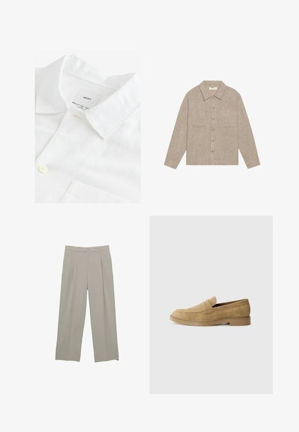 Svetlo rjav, teksturiran srajcni jopič z ovratnikom, sprednjim zapiranjem na gumb in dvema žepoma na prsih. Enostaven, sproščen dizajn.; Bela lanena srajca z ostrim ovratnikom, eno gumbno zapiranje in žepom na prsih. Oznaka pravi "NEXT," velikost M. Mehka tekstura.; Svetlo sivi hlače širokega kroja z gladko teksturo, ki imajo sprednje gube, zapiranje na gumb in stranske žepke.; Svetlo rjavi nubuk loaferji z zaobljenim nosom, nizko blok peto in šivanim detajlom na zgornjem delu. Gladka tekstura in minimalističen dizajn.