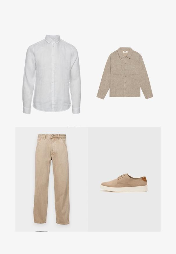 Svijetlo smeđa, teksturirana jakna košulja s ovratnikom, prednjim kopčanjem na gumbi i dva džepa na prsima. Jednostavan, ležeran dizajn.; Bjela lanena košulja dugih rukava s kragnom na dugme, prednjim zatvaranjem na dugmad i suptilnom teksturiranom završnom obradom. Bez vidljivih uzoraka ili akcenta.; Bež teksas traperice ravnog kroja, s prednjim džepovima, metalnim zakopčavanjem i suptilnom teksturom.; Bež nubuk tenisice s okruglim vrhom, vezanjem sprijeda i teksturiranim stražnjim naglaskom. Bijela gumena potpetica pruža kontrast. Jednostavan i moderan dizajn.