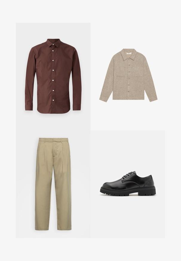 Lys brun, teksturert skjortejakke med krage, knappelukking foran og to brystlommer. Enkel, uformell design.; Brun langermet skjorte laget av glatt bomull. Har krage med knapper og frontknapper med en slank, tilpasset passform.; Beige, høytlivs bukser med rett snitt, med flat front, sidelommer og et jevnt, strukturert stoff.; Sorte lær sko med rund tå, snøring og en tykk, teksturert gummisåle. Har søm langs kanten og en glatt overflate.