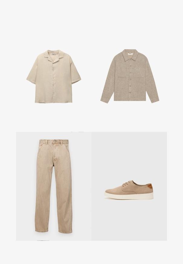 Jasnobrązowa, teksturowana kurtka koszulowa z kołnierzykiem, z przodem na guziki oraz dwoma kieszeniami na piersi. Prosty, casualowy design.; Beżowa koszula z krótkim rękawem, wykonana z lekkiego materiału, z kołnierzykiem typu notch i pięcioma guzikami z przodu, w luźnym kroju.; Beżowe dżinsy o prostym kroju, z przednimi kieszeniami, metalowym zapięciem na guzik i delikatną teksturą.; Beżowe zamszowe sneakersy z okrągłym noskiem, sznurowanym przodem i teksturowanym akcentem na tyle. Biała gumowa podeszwa tworzy kontrast. Prosty i nowoczesny design.