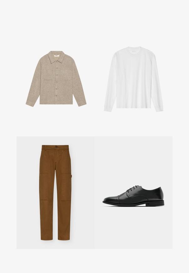 Lys brun, teksturert skjortejakke med krage, knappelukking foran og to brystlommer. Enkel, uformell design.; Langarmet hvit t-skjorte i bomull med rund hals og ribbestrikkede mansjetter. Enkelt, uornamentert design med glatt tekstur og standard passform.; Brune cargo bukser laget av slitesterk stoff, med rett ben, to store sidelommer og knappelukking i livet.; Svart skinn dressko med avrundet tå, snøring, subtile sømdetaljer og lav hæl. Glatt tekstur med polert finish.