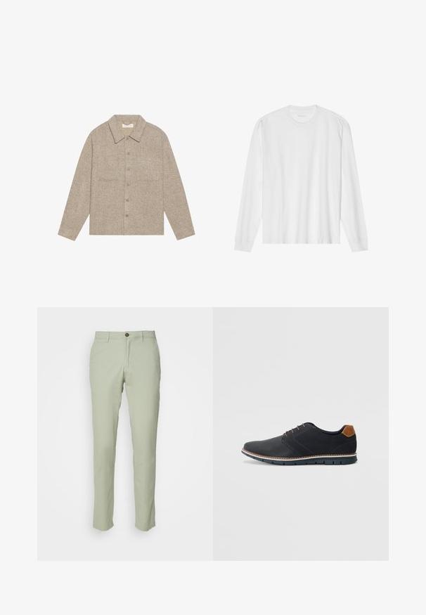 Light brown, textured shirt jacket with a collared neck, front button closure, and two chest pockets. Simple, casual design.; Long-sleeve white cotton t-shirt with a crew neck and ribbed cuffs. Simple, unembellished design, featuring smooth texture and standard fit.; Jack & Jones JPSTMARCO NOOS - Chinos - desert sage; Black synthetic shoes with a textured upper, smooth accents, brown heel, and a contrasting sole. Features minimal lacing and stitch details.