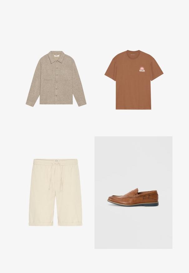 Light brown, textured shirt jacket with a collared neck, front button closure, and two chest pockets. Simple, casual design.; Brown short-sleeve t-shirt made of cotton, featuring a pink sun graphic and "SOLAR" text on the left chest. Crew neck design.; Beige cotton shorts with an elastic waistband and drawstring. Rolled cuffs and a smooth texture, featuring minimalistic design details.; Brown leather loafers with a round toe, stitched accents, and a low rubber sole. The design features a band across the upper.