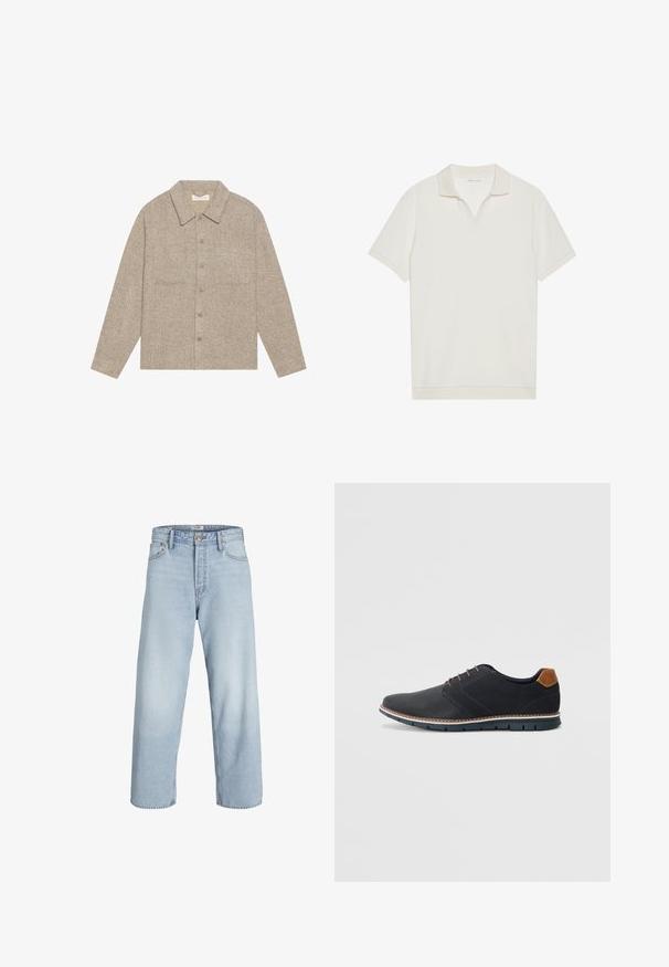 Gaišbrūns, strukturēts krekla mēteli ar apkakles kaklu, priekšējo pogu aizdari un divām krūšu kabatām. Vienkāršs, ikdienišķs dizains.; Balta, īsām piedurknēm polo krekls ar V-veida kakla izgriezumu un teksturētu audumu. Vienkāršs dizains ar kontrastējošiem apkakles un piedurkņu akcentiem.; Gaišzilā džinsu bikses ar augstu jostasvietu, platu piegriezumu un taisnu griezumu. Iekļauta klasiskā pogu aizdare un piecu kabatu dizains.; Melni sintētiskie apavi ar struktūru augšdaļā, gludu akcentu, brūnu papēdi un kontrastējošu zoli. Iezīmē minimālu šņorēšanu un šuvju detaļas.