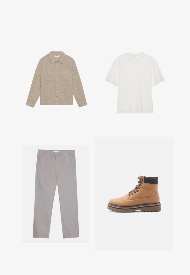 Veste chemise en tissu texturé marron clair avec un col, fermeture à boutons à l'avant et deux poches poitrine. Design simple et décontracté.; T-shirt en coton blanc à manches courtes, col rond, avec des détails de couture contrastants autour du col et des manches.; Pantalon en coton gris clair avec une taille élastique, deux poches latérales, coupe droite et texture lisse. Détail de couture simple.; Botte de randonnée en cuir tan avec col rembourré noir, œillets en métal, lacets bruns et semelle épaisse à crampons bruns sur fond blanc.