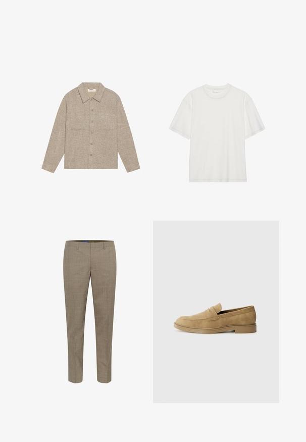 Šviesiai ruda, tekstūruota marškinių striukė su apykakle, priekiniais mygtukais ir dviem krūtinės kišenėmis. Paprastas, kasdieniškas dizainas.; Balta medvilninė marškinėliai trumpomis rankovėmis, apvaliu kaklu ir kontrastingos siuvimo detalės aplink kaklą ir rankoves.; Bežinės pritaikytos kelnės su subtiliu languotu raštu, tiesių kojų dizainu, priekinių kišenių ir sklandžiu audinio tekstūru.; Smėliniai odiniai loaferiai su apvaliu pirštu, žemu blokuoto kulno ir siūlėmis ant viršutinės dalies. Lygi tekstūra ir minimalistiškas dizainas.