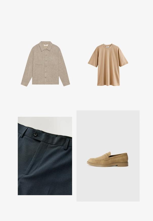 Lichtbruine, gestructureerde overhemdjacket met een kraag, sluiting met knopen aan de voorkant en twee borstzakken. Eenvoudig, casual ontwerp.; Korte mouwen beige t-shirt van katoen met een ronde hals en een ontspannen pasvorm, met een gladde textuur en zonder patronen of accenten.; Navyblauwe broek van een gestructureerde stof, voorzien van een enkele knoopsluiting en een vlakke voorkant. Subtiel patroon voegt visuele interesse toe.; Tan suède instappers met een ronde neus, lage blokhak en gestikte details op de bovenkant. Gladde textuur en minimalistisch ontwerp.