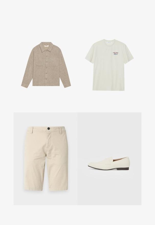 Vaaleanruskea, teksturoitu paitatakki, jossa on kauluksellinen kaula, etupainonappi ja kaksi rintataskua. Yksinkertainen, rento muotoilu.; Vaalean kermanvärinen puuvillapaita, jossa on lyhyet hihat. Sisältää pienen sinisen ja punaisen graafisen kuvan marlinista sekä tekstin "MARLIN TROPHY".; Vaaleat beige шортit, kevyttä kangasta, joissa on tasainen etuosa, yksi nappikiinnitys ja kaksi sivutaskua; sileä rakenne.; Vaaleanbeige loaferit, joissa on terävä kärki, sileä materiaali, nauha vampin yli ja matala ruskea pohja. Yksinkertainen muotoilu, jossa on minimaalista korostusta.