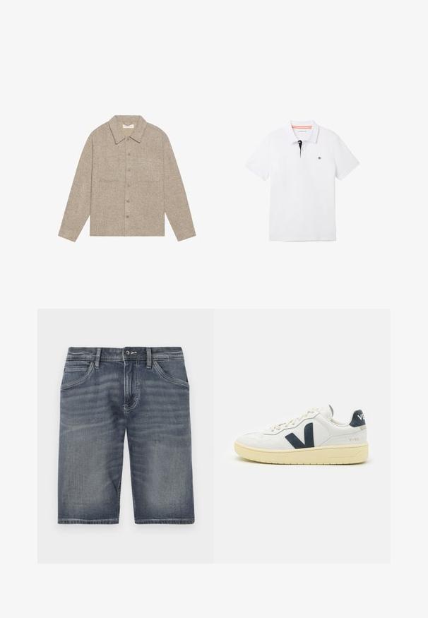 Hellbraune, strukturierte Shirtjacke mit Kragen, durchgehender Knopfleiste und zwei Brusttaschen. Schlichtes, lässiges Design.; Weißes Polohemd mit einem schwarzen Kragen und orangefarbener Einfassung, kurzen Ärmeln und einem kleinen Logo auf der Brust. Hergestellt aus atmungsaktivem Baumwollgemisch.; Denim-Shorts in einem verblassten blauen Farbton, mit einem Knopf- und Reißverschlussverschluss, fünf Taschen und sichtbarem Steppdetail.; Weiße Ledersneaker mit navyblauen Akzenten, ausgestattet mit einer voluminösen Sohle, Schnürverschluss und auffälligem Seitenslogo. Strukturiertes Finish und minimalistisches Design.