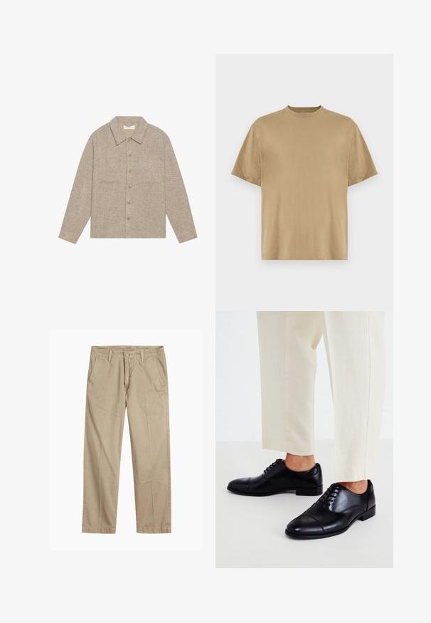 Světle hnědá, texturovaná košile-jacket s límečkem, předním zapínáním na knoflíky a dvěma náprsními kapsami. Jednoduchý, neformální design.; Khaki tričko s krátkým rukávem vyrobené z měkké tkaniny, s kulatým výstřihem a volným střihem. Nejsou na něm viditelné žádné vzory ani grafika.; Beige rovné chino kalhoty s poutky na opasek, zapínáním na přední knoflík a zip, a šikmými předními kapsami.; Call it Spring CARLISLE - Elegantní šněrovací boty - black