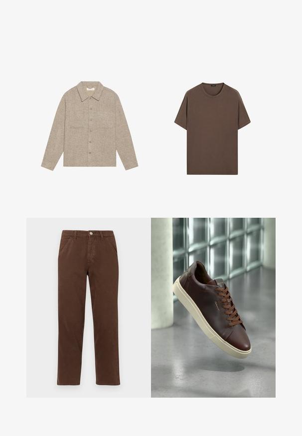 Lysebrune, struktureret skjortejakke med krave, frontknaplukning og to brystlommer. Enkel, casual design.; Brun bomulds t-shirt med rund hals og korte ærmer. Simple design med en jævn tekstur og en afslappet pasform. Ingen mønstre eller accenter.; Brune bomuldsbukser med lige ben, forlommer og en metallisk lukning. Har en glat tekstur og et minimalistisk design.; Brune lædersneaker med rund tå, brune snørebånd og en beige gummisål. Har minimal branding på siden.