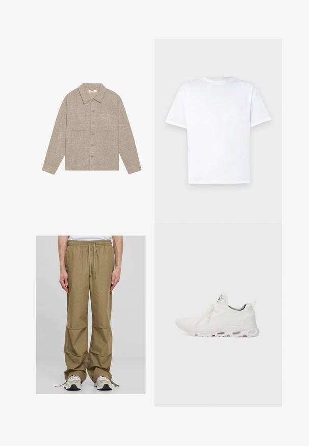 Vaaleanruskea, teksturoitu paitatakki, jossa on kauluksellinen kaula, etupainonappi ja kaksi rintataskua. Yksinkertainen, rento muotoilu.; Valkoinen puuvillainen t-paita, jossa on pyöreä kaula-aukko ja lyhyet hihat. Suora leikkaus, sileä pinta, ilman kuvioita tai yksityiskohtia. Näyttää vain takaa.; Vaalean khaki-väriset cargo-housut, joissa on joustava vyötärö, nyöri suljenta ja leveä, rento malli. Sisältää sivutaskut ja sileän kangasrakenteen.; Valkoiset urheilukengät, joissa on teksturoitu neulepinta, litteät nauhat ja pehmustettu pohja, jossa on näkyvät ilmakammiot lisätuen tarjoamiseksi.