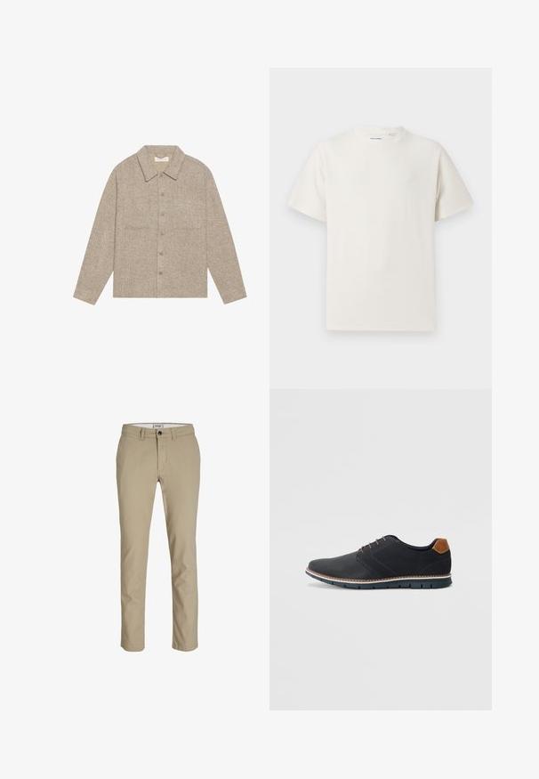 Svijetlo smeđa, teksturirana jakna košulja s ovratnikom, prednjim kopčanjem na gumbi i dva džepa na prsima. Jednostavan, ležeran dizajn.; Bijela kratka majica s kratkim rukavima u rebrastoj teksturi. Okrugli izrez, ležeran kroj, bez vidljivih uzoraka ili akcenta. Jednostavan i svestran dizajn.; Bež pamuk hlače slim kroja, s prednjim patentnim zatvaračem, kopčanjem na dugme i četiri džepa. Glatka tekstura, bez uzoraka ili detalja.; Crne sintetičke cipele s teksturiranim gornjim dijelom, glatkim akcentima, smešnim petom i kontrastnom potplatom. Imaju minimalne vezice i detalje šivanja.