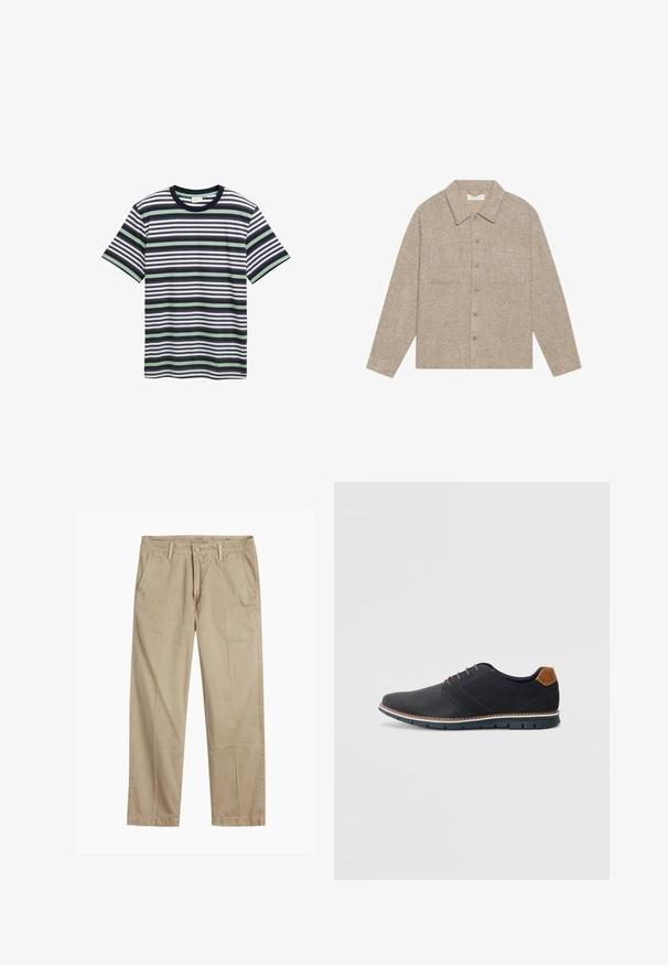 Svetlohnedá, textúrovaná košeľová bunda s golierom, predným zapínaním na gombíky a dvoma náprsními vreckami. Jednoduchý, casual dizajn.; Pruhované tričko v námorníckej, bielej a zelenej farbe. Má okrúhly výstrih, krátke rukávy a rôzne horizontálne pruhy po celej látke.; Béžové chinos nohavice rovného strihu s pútkami na opasok, predným gombíkom a zipsom, a šikmými prednými vreckami.; Čierne syntetické topánky so štruktúrovaným zvrškom, hladkými akcentmi, hnedým opätkom a kontrastnou podrážkou. Majú minimálne šnurovanie a detaily prešitia.