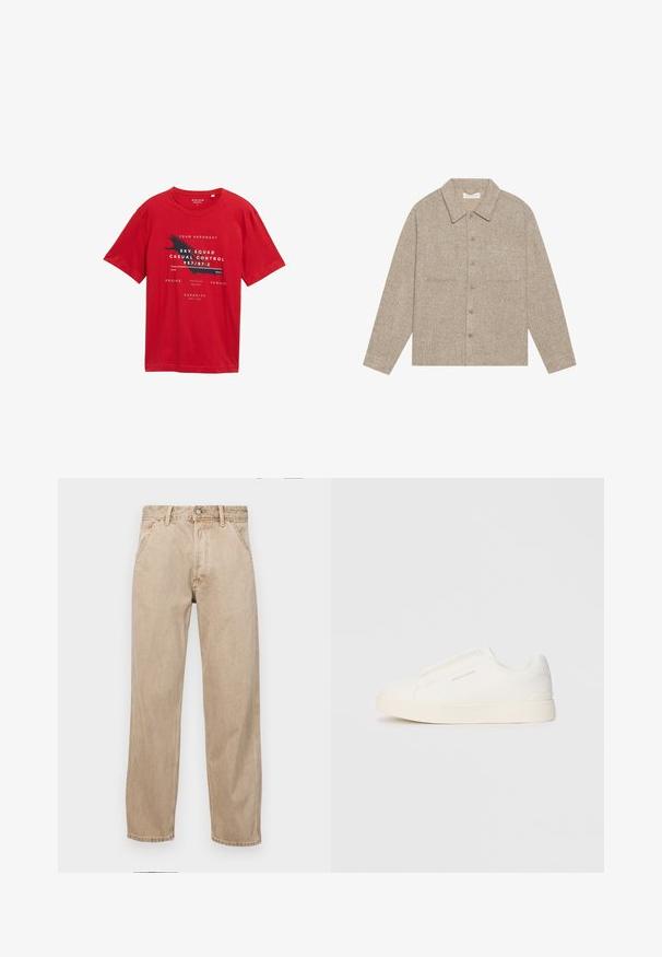 Lichtbruine, gestructureerde overhemdjacket met een kraag, sluiting met knopen aan de voorkant en twee borstzakken. Eenvoudig, casual ontwerp.; Rode katoenen T-shirt met korte mouwen, ronde hals en grafische print met tekst en een vogelontwerp in zwart-wit.; Beige denim jeans met een recht gesneden ontwerp, voorzien van voorzakken, een metalen knoopsluiting en een subtiele textuur.; Witte instap sneakers met een gestructureerd oppervlak, een dikke zool en een minimalistisch ontwerp. Bevat het merklogo aan de zijkant.