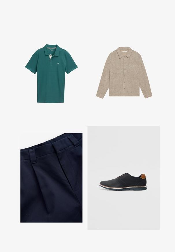 Hellbraune, strukturierte Shirtjacke mit Kragen, durchgehender Knopfleiste und zwei Brusttaschen. Schlichtes, lässiges Design.; Türkise Polohemden aus atmungsaktivem Material, mit einem Drei-Knopf-Verschluss, kurzen Ärmeln und einem dezenten Logo auf der Brust.; Marineblaue, gefaltete Hose aus einem glatten, strukturierten Stoff. Verfügt über einen flachen Bund und Gürtelschlaufen, designed für Komfort und Passform.; Schwarze synthetische Schuhe mit einer strukturierten Oberseite, glatten Akzenten, braunem Absatz und einer kontrastierenden Sohle. Verfügt über minimale Schnürung und Nähdetails.