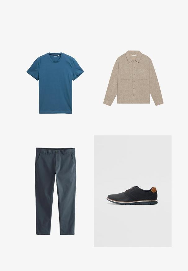 Lichtbruine, gestructureerde overhemdjacket met een kraag, sluiting met knopen aan de voorkant en twee borstzakken. Eenvoudig, casual ontwerp.; Korte mouw t-shirt in diep teal, gemaakt van zachte katoen. Heeft een ronde halslijn en een gladde, gelijkmatige textuur met eenvoudige stikdetails.; Katoenen broek in donkergrijs, met een vlakke voorkant, twee zijzakken en een ritssluiting met knoopsluiting. Soepele textuur en taps toelopende pasvorm.; Zwarte synthetische schoenen met een gestructureerde bovenkant, gladde accenten, bruine hak en een contrasterende zool. Bevat minimale veters en stikdetails.