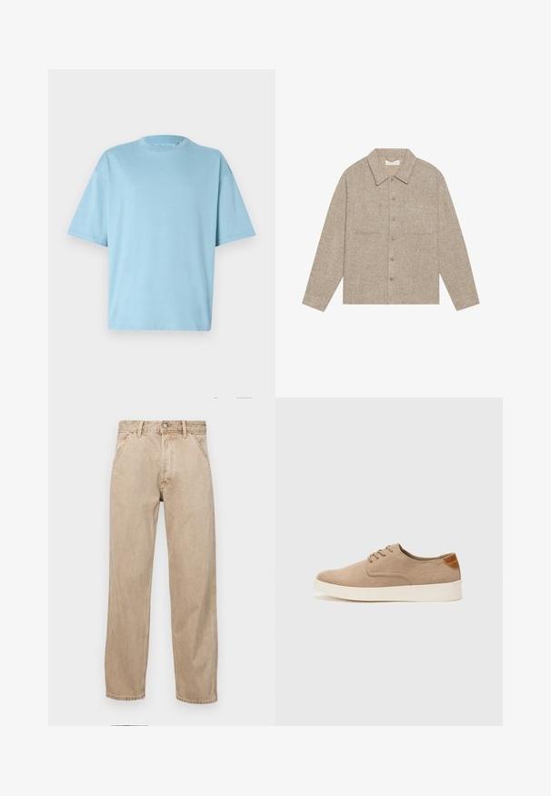 Šviesiai ruda, tekstūruota marškinių striukė su apykakle, priekiniais mygtukais ir dviem krūtinės kišenėmis. Paprastas, kasdieniškas dizainas.; Šviesiai mėlynas medvilninis marškinėlis su apykakle, trumpomis rankovėmis ir laisvu kirpimu. Lygus tekstūra ir minimalistinis dizainas.; Smėlio spalvos džinsai su tiesia kojų siluetu, turintys priekinę kišenę, metalinį mygtuką ir subtilią tekstūrą.; Bežiniai zomšiniai sportbačiai su apvaliomis pirštų dalimis, raišteliais priekyje ir tekstūruotu užkulniu. Balta guma suteikia kontrastą. Paprastas ir modernus dizainas.