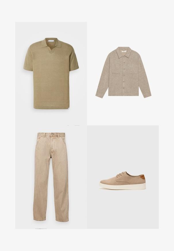 Šviesiai ruda, tekstūruota marškinių striukė su apykakle, priekiniais mygtukais ir dviem krūtinės kišenėmis. Paprastas, kasdieniškas dizainas.; Les Deux EMMANUEL - Polo marškinėliai - surplus green; Smėlio spalvos džinsai su tiesia kojų siluetu, turintys priekinę kišenę, metalinį mygtuką ir subtilią tekstūrą.; Bežiniai zomšiniai sportbačiai su apvaliomis pirštų dalimis, raišteliais priekyje ir tekstūruotu užkulniu. Balta guma suteikia kontrastą. Paprastas ir modernus dizainas.