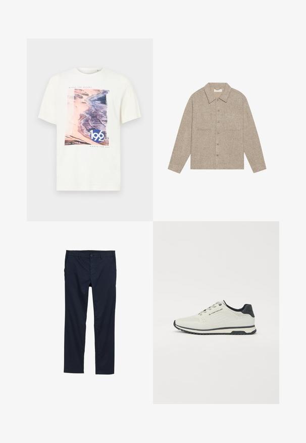 Svetlohnedá, textúrovaná košeľová bunda s golierom, predným zapínaním na gombíky a dvoma náprsními vreckami. Jednoduchý, casual dizajn.; Biele tričko s krátkym rukávom s dizajnom pláže v ružovej a modrej farbe, s textom "192" a "TOM TAILOR MEETS THE SEA". Mäkká bavlnená tkanina.; Námořnické modré lehké kalhoty s hladkým povrchem, rovnými nohavicemi, zapínáním na knoflík a bočními kapsami.; Svetlosivé športové topánky s perforovaným dizajnom, čiernymi akcentmi, textúrovanou podrážkou a systémom šnurovania. Logo viditeľné na boku.