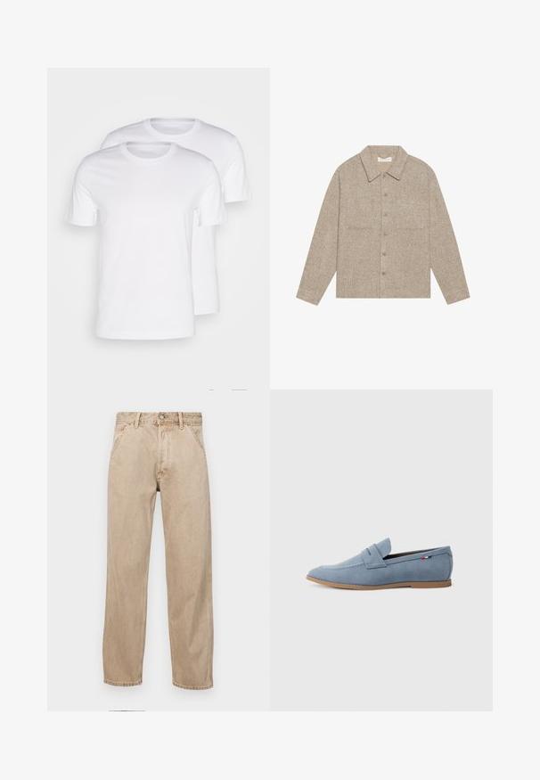 Lys brun, teksturert skjortejakke med krage, knappelukking foran og to brystlommer. Enkel, uformell design.; Esprit 2 PACK - T-shirts - white; Beige denimjeans med rett ben design, med frontlommer, metallknapplukking og subtil tekstur.; Lys blå semsket loafersko med en jevn tekstur, dekorativ søm og en brun gummisåle. Har en penny-slot-desig på overdelen.