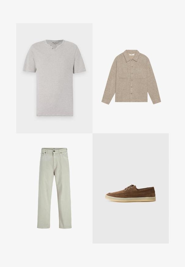 Svetlohnedá, textúrovaná košeľová bunda s golierom, predným zapínaním na gombíky a dvoma náprsními vreckami. Jednoduchý, casual dizajn.; T-shirt s krátkym rukávom, šedo-bielo pruhovaný, s okrúhlym výstrihom a dvomi gombíkmi na golieri. Mäkka látka s voľným strihom.; Svetlo béžové denimové džínsy s rovnou nohavicou, päť vrecový štýl a zapínanie na gombík v oblasti pásu, s minimálnymi detailmi šitia.; Hnedé semišové topánky s nízkym profilom, šnurovací dizajn, gumená podrážka a kontrastné šitie. Jednoduchý a funkčný štýl.