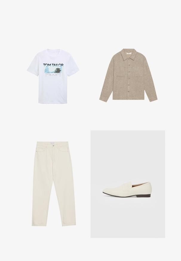 Gaišbrūns, strukturēts krekla mēteli ar apkakles kaklu, priekšējo pogu aizdari un divām krūšu kabatām. Vienkāršs, ikdienišķs dizains.; Balts kokvilnas T-krekls ar zilā un melnā krāsā drukātu grafiku un tekstu. Īsas piedurknes un apaļa kakla izgriezums, ikdieniškās piegriezuma.; Bēša denima džinsi ar taisnu kāju griezumu, pieci kabatas, pogu aizdare un smalki izšuvumi. Gluda tekstūra.; Gai bēša kurpes ar smailu pirkstu, gludu materiālu, siksnu pāri pēdas daļai un zemu brūnu zoli. Vienkāršs dizains ar minimāliem akcentiem.