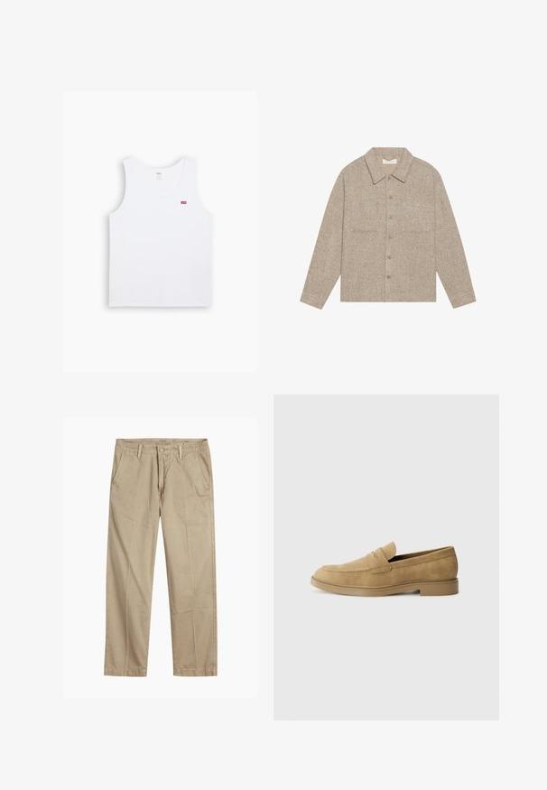 Hele pruun, tekstuuriga särk-jakk koos krae, eest nupukinnitusega ja kahe rinna taskuga. Lihtne, igapäevane disain.; Valge puuvillane tops, ümmarguse kaelusega ja avara varrukaga. Vasakul rinnal on väike punane Levi's logo. Pehme tekstuur.; Beeži sirged säärte chinos-püksid, millel on vööloopide, esipainutatud nupud ja tõmblukk ning kaldega esikotid.; Kahvatusuede loaferid ümmarguse varbaga, madala plokknõelaga ja tikandiga pealispinnal. Sujuv tekstuur ja minimalistik disain.