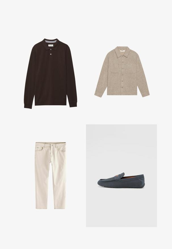 Ljust brunt, texturerat skjortjacka med krage, framknäppning och två bröstfickor. Enkel, avslappnad design.; Mörkbrun långärmad polo tröja i bomull, med krage, plagg med tre knappar och vita strimmor. Slät textur.; Ljust beige slim-fit-jeans med rak ben, fem fickor, knapp- och dragkedjestängning, samt förstärkt sömnad längs sömmarna.; Grå perforerade loafers med slip-on-design, med en orange accent, rund tå och texturerad gummiyttersula.