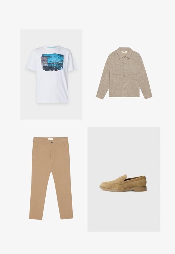 Světle hnědá, texturovaná košile-jacket s límečkem, předním zapínáním na knoflíky a dvěma náprsními kapsami. Jednoduchý, neformální design.; Bílý tričko s krátkým rukávem, které má modrou grafiku s textem, texturovaný vzor a kulatý výstřih, vyrobené z lehkého bavlněného materiálu.; Khaki chinos vyrobené z bavlněné směsi, s plochým předním dílem, dvěma bočními kapsami a jednou zadní kapsou. Lehká látka s hladkým povrchem.; Béžové semišové mokasíny s kulatou špičkou, nízkým blokovým podpatkem a prošíváním na svršku. Hladký povrch a minimalistický design.