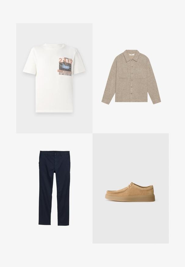 Svijetlo smeđa, teksturirana jakna košulja s ovratnikom, prednjim kopčanjem na gumbi i dva džepa na prsima. Jednostavan, ležeran dizajn.; TOM TAILOR DENIM Majica kratkih rukava s printom - gardenia white; Tamburice u mornarsko plavoj boji s laganom tkaninom, ravnim nogavicama, kopčanjem na dugme i bočnim džepovima.; Velur cipele s vezicama u svijetlosmeđoj boji, s okruglim vrhom, prošivenim detaljima i ravnim gumenim potplatom, prikazujući glatku teksturu.