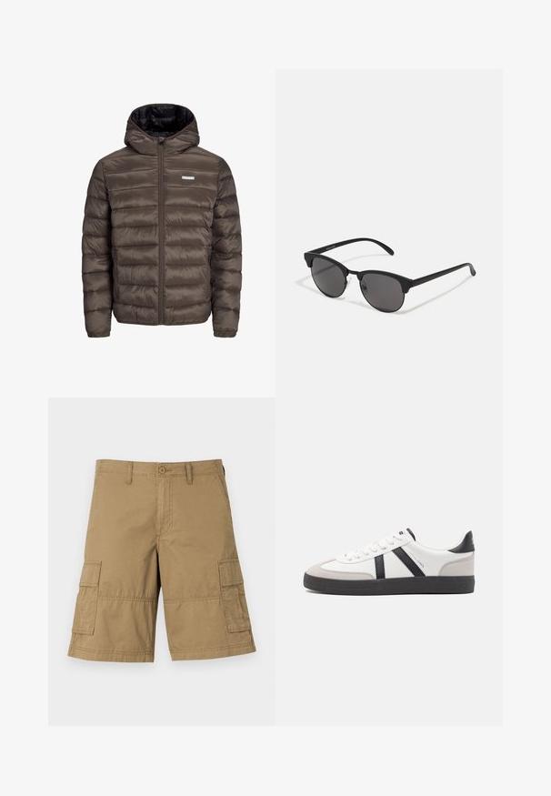 Brown, puffy, hooded jacket with a zip front, featuring horizontal stitching and two side pockets. Lined with black fabric.; Beige, knitted sweater with a high, ribbed turtleneck. Features a textured cable pattern and ribbed cuffs and hem, offering a cozy appearance.; Cargo shorts in khaki fabric with a straight cut, featuring two side pockets and a button closure at the waist. Smooth texture throughout.; White sneaker with black and gray accents, featuring a textured gray toe cap, black rubber sole, and flat white laces. Clean design, minimalist style.; Black sunglasses with round lenses, matte finish, and distinctive cat-eye shape. Slim arms with subtle branding on the left temple.