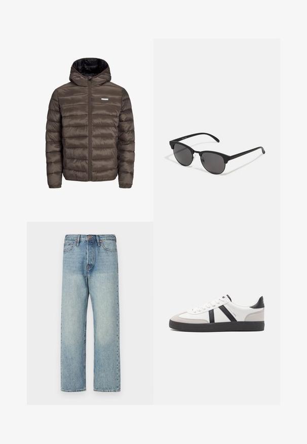 Brun, puffy, hettejakke med glidelås foran, med horisontale sømmer og to sidelommer. Fôret med svart stoff.; Beige, strikket genser med høy, ribbestrikket turtleneck. Har et strukturert mønster med kabel og ribbestrikkede mansjetter og kant, som gir et koselig utseende.; Lyseblå denimjeans med rett ben-design, fem lommer og bronsebeslag. Minimal falming med en ren finish.; Hvite sneakers med svarte og grå detaljer, med en teksturert grå tåhette, svart gummisåle, og flate hvite lisser. Rent design, minimalistisk stil.; Sorte solbriller med runde linser, matt finish og karakteristisk katteøyeform. Slanke armer med subtil merking på venstre tempel.