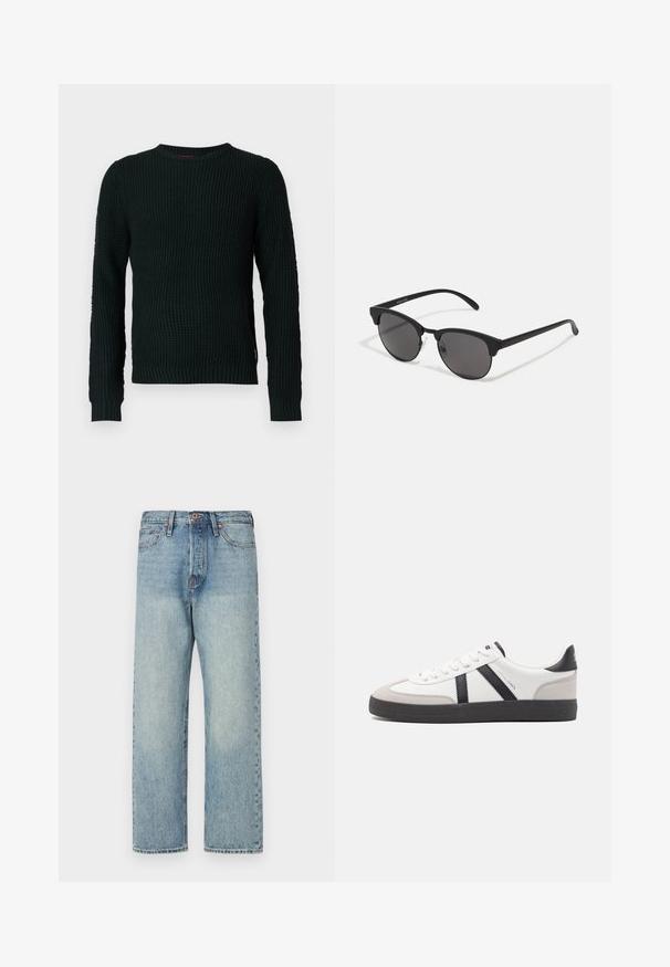 Smešano smeđi, puni kaput s kapuljačom i prednjim zatvaračem, s horizontalnim šavovima i dva bočna džepa. Obložen crnom tkaninom.; Crni debeli pleteni pulover s okruglim izrezom, dugim rukavima i rebrastim manžetama i rubom, prikazan na bijeloj pozadini.; Svijetloplavi traperice s ravnim nogavicama, pet džepova i bronze detaljima. Minimalno izblijedjele s čistu završnom obradom.; Bijele tenisice s crnim i sivim detaljima, s teksturiranim sivim zaštitnikom prstiju, crnim gumene potplate i ravnim bijelim vezicama. Čist dizajn, minimalistički stil.; Crne sunčane naočale s okruglim lećama, mat završetkom i specifičnim oblikom mačjih očiju. Tanke naramenice s diskretnim brendiranjem na lijevom hramu.