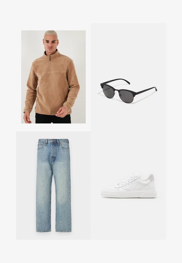 Bruine, puffy, capuchonjack met een ritsluiting aan de voorkant, voorzien van horizontale stiksels en twee zijzakken. Voering van zwarte stof.; Tan fleece pullover met een half-rits kraag en lange mouwen. Heeft een gladde textuur en een effen kleur zonder patronen of accenten.; Lichtblauwe denim jeans met een rechte pijp, vijf zakken en bronzen hardware. Minimaal vervaagd met een schone afwerking.; Witte leren sneakers met een gladde afwerking, ronde neus, platte veters en een gestructureerde zool. Grijze suède accent bij de hiel.; Zwarte zonnebril met ronde lenzen, matte afwerking en een kenmerkende cat-eye vorm. Slanke armen met subtiele branding op de linkertempel.