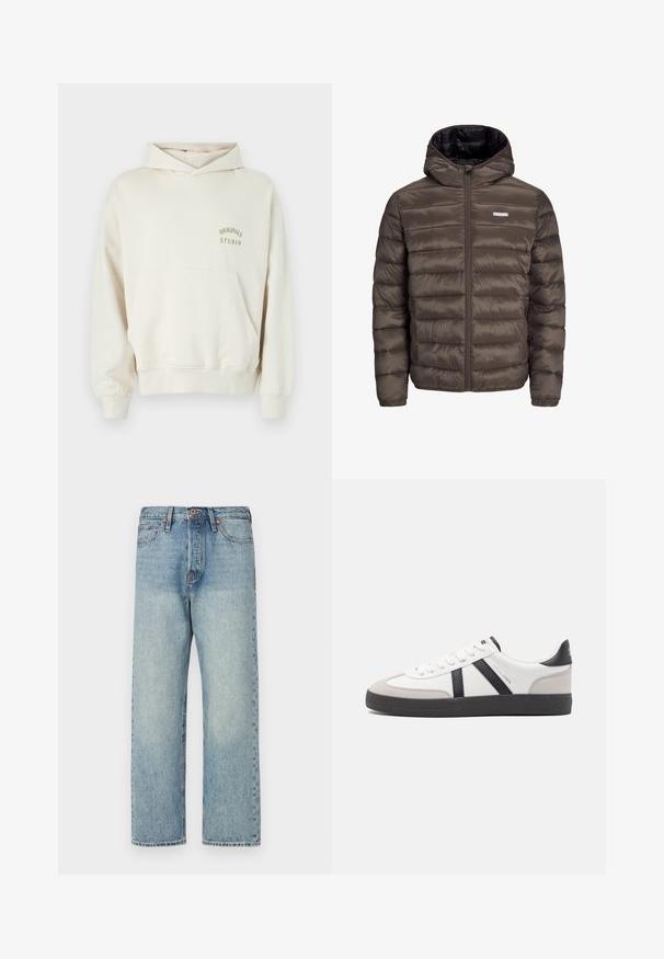 Brūna, pūkaina, ar kapuci, jaka ar rāvējslēdzēju priekšā, ar horizontālu šuvēm un divām sānu kabatām. Odere ir melnā audumā.; Krēmīgi balta kapuce ar priekšējo kabatu, ribotajām piedurknēm un apakšmali. Uz kreisās krūtis zelta krāsas drukā ir atveidots "ORIGINALS STUDIO".; Gai zilgani džinsi ar taisnu kāju dizainu, piecām kabatām un bronzas detaļām. Minimāla izbalēšana ar tīru apdari.; Baltas sneakeris ar melniem un pelēkiem akcentiem, kuram ir teksturēts pelēks purngals, melna gumijas zole un plakanas baltas šņores. Tīrs dizains, minimālisma stils.