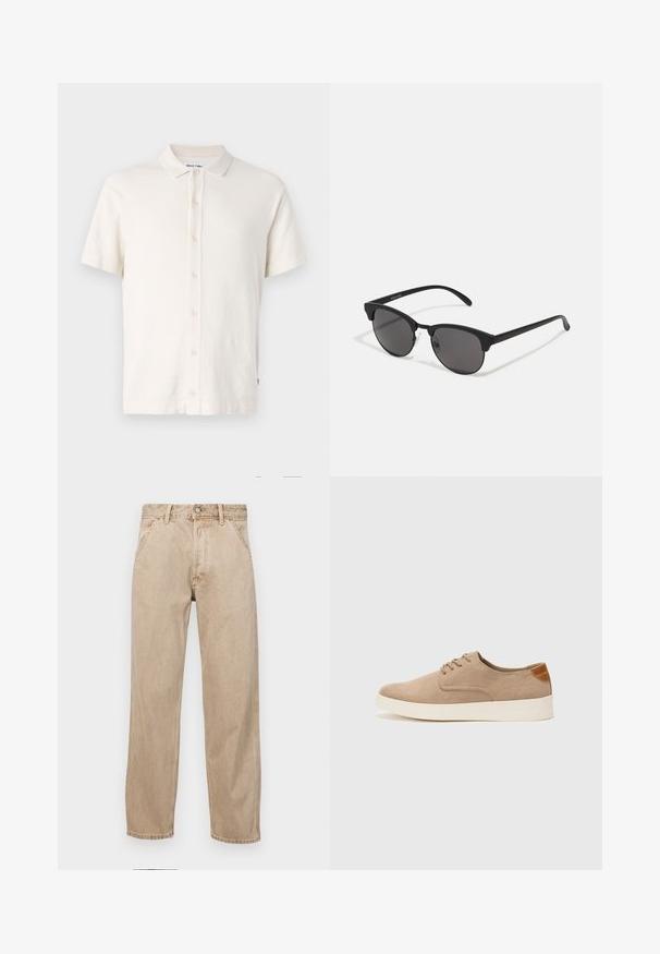Veste à capuche brune, gonflée, avec fermeture éclair à l'avant, présentant des coutures horizontales et deux poches latérales. Doublée en tissu noir.; Polo à manches courtes en blanc cassé, avec un tissu texturé, des boutons de fermeture et un col classique. Style simple et polyvalent.; Jeans en denim beige avec une coupe droite, dotés de poches avant, d'une fermeture à bouton en métal et d'une texture subtile.; Baskets en daim beige avec un embout arrondi, un laçage sur le devant et un accent texturé à l'arrière. La semelle en caoutchouc blanche offre un contraste. Design simple et moderne.; Lunettes de soleil noires avec des verres ronds, finition mate et une forme distinctive en œil de chat. Monture fine avec un logo discret sur la branche gauche.