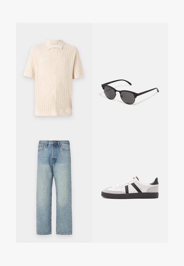 Jachetă maro, pufoasă, cu glugă, cu fermoar în față, având cusături orizontale și două buzunare laterale. Căptușită cu material negru.; Cămașă cu mâneci scurte, cu nasturi, de culoare crem deschis, având un model texturat de tricot, cu guler și cinci nasturi pe față.; Jeans din denim bleu deschis cu un design drept, cinci buzunare și accesorii din bronz. Ușor decolorate, cu un finisaj curat.; Sneaker alb cu accente negre și gri, având un capac de vârf gri texturat, talpă din cauciuc negru și șireturi plate albe. Design elegant, stil minimalist.; Ochelari de soare negri cu lentile rotunde, finisaj mat și o formă distinctivă de cat-eye. Brațe subțiri cu un branding subtil pe templul stâng.